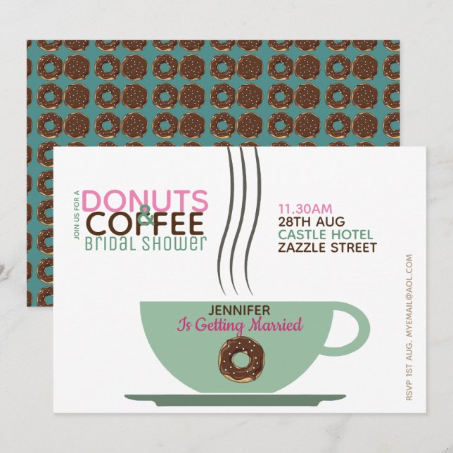 KAFFEE DONUTS Bridal Dusche Einladung Pink Turq (Vorne/Hinten)