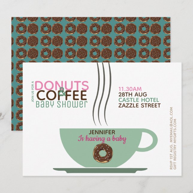 KAFFEE DONUTS Kinderdusche Einladung Pink Turq (Vorne/Hinten)