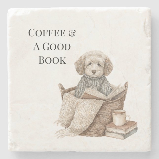 Kaffee & Ein Gutes Buch Hundekorb Steinuntersetzer (Vorderseite)