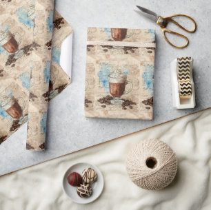 Kaffee Ephemera Wasserfarbe Collage Geschenkpapier