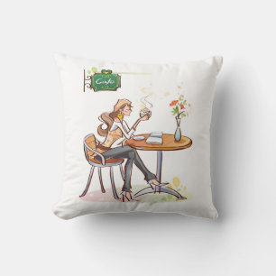 Kaffee-Frau in einem Niedlichen Café Kissen