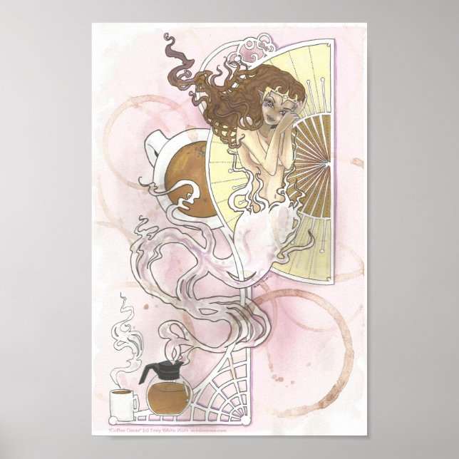 Kaffee Genie Fantasy Art Nouveau Pink Brown Poster (Vorne)