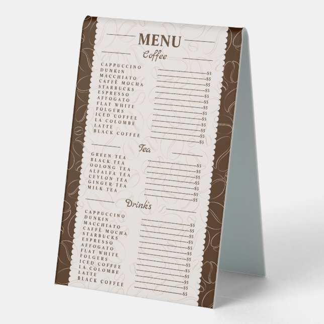 Kaffee-, Getränke- und Teemenü nach Maß Tischaufsteller (Rückseite)