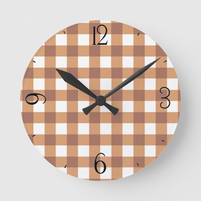 Kaffee Gingham Clock Runde Wanduhr (Vorderseite)