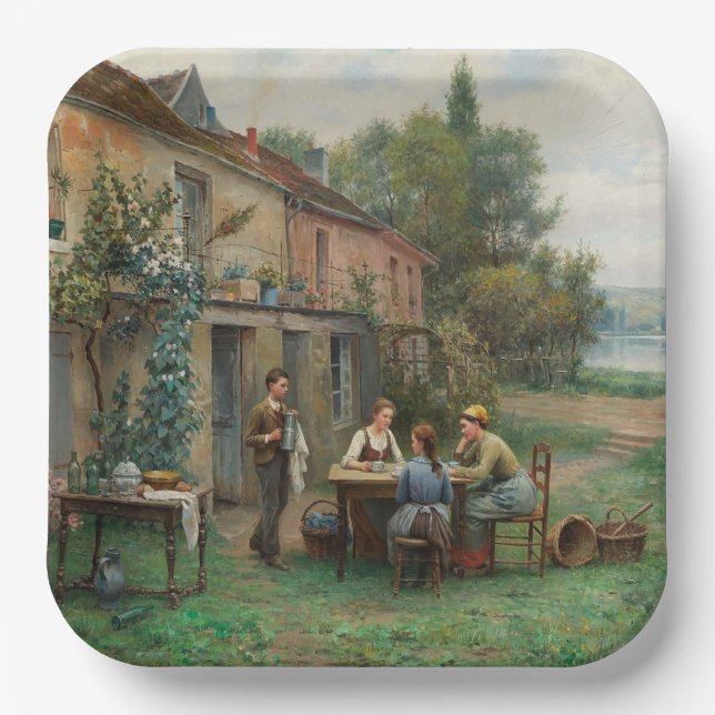 Kaffee im Garten trinken (Französische Landschaft) Pappteller (Vorderseite)