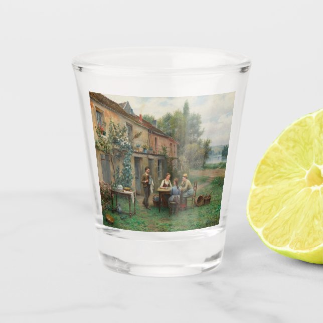 Kaffee im Garten trinken (Französische Landschaft) Schnapsglas (Vorderseite)