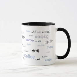 Kaffee in den verschiedenen Sprachen (lila/Grau) Tasse