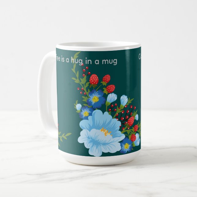 Kaffee ist in einer Tasse umarmt. Kaffeetasse für  (Vorderseite Links)