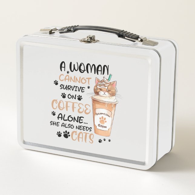 Kaffee & Katzen - Niedliche Kawaii Kunst Metall Brotdose (Vorderseite)