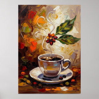 Kaffee-Kunst: Poster mit dampfender Tasse und Kirs
