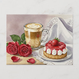 Kaffee Latte Cheesecake Strawberry Rose Postkarte