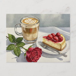 Kaffee Latte Cheesecake Strawberry Rose Postkarte
