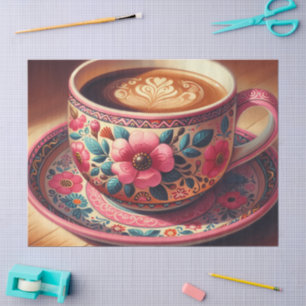 Kaffee Latte in rosa-tealer floraler Tasse Decoupa Seidenpapier