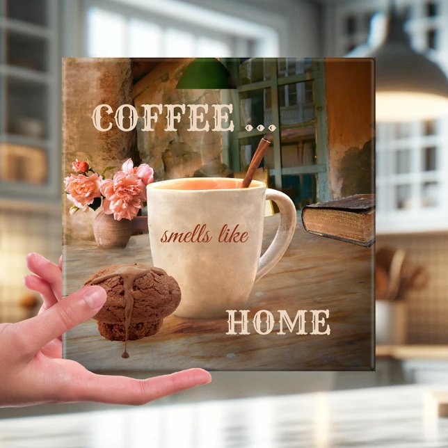 Kaffee Lover Vintag Art Kitchenette Fliese (Vintage tile featuring a painting of a kitchen table with coffee, muffin, flowers and a book - home)