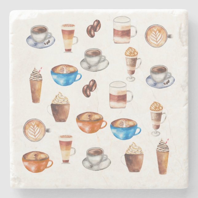 Kaffee Lover Wasserfarbe Latte Espresso Bohnen Steinuntersetzer (Vorderseite)