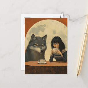 Kaffee mit dem Wolf während eines vollmondstimmung Postkarte