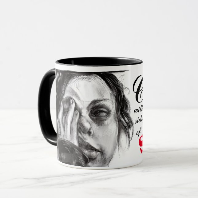 Kaffee mit einem Seitenauftrag der Ruhe-Tasse Tasse (Vorderseite Links)