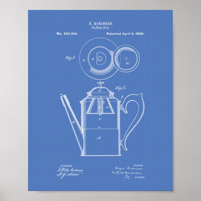 Kaffee Pot 1880 Patent Art Blueprint Poster (Vorne)