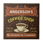 Kaffee-Shop mit Tasse Erstellen Sie Ihre eigenen P Fliese<br><div class="desc">Diese kaffeemische Kachel ist ideal für jeden, der ein eigenes Café betreibt oder in der Zuhause-Küchendekoration ein Kaffeethema hat. Geschehen in Retrobraun, orange, beige und gelb, dieses Espresso / Cappuccino Design verfügt über eine Tasse auf einem Untertasse, zwei personalisierten Textbanner und die Worte "Kaffee Shop / Fresh Roast / Great...</div>