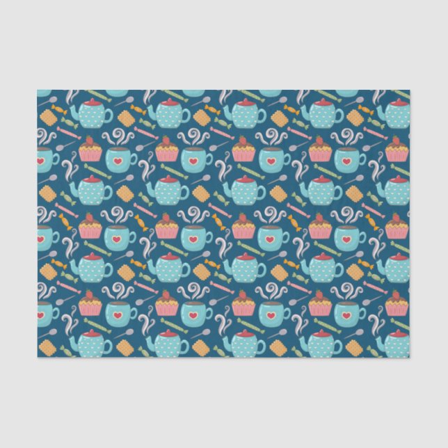 Kaffee Tee Biscuit Cupcake Teapot Blau Seidenpapier (Vorderseite)