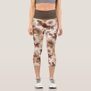 Kaffee-Töne Florales Rosenmuster Capri Leggings