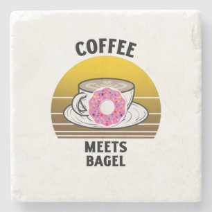Kaffee trifft Bagel Donut Retro Vintager Sonnenunt Steinuntersetzer