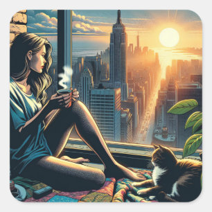 Kaffee trinken Frauen bei Sonnenaufgang in der Sta Quadratischer Aufkleber