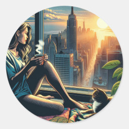 Kaffee trinken Frauen bei Sonnenaufgang in der Sta Runder Aufkleber
