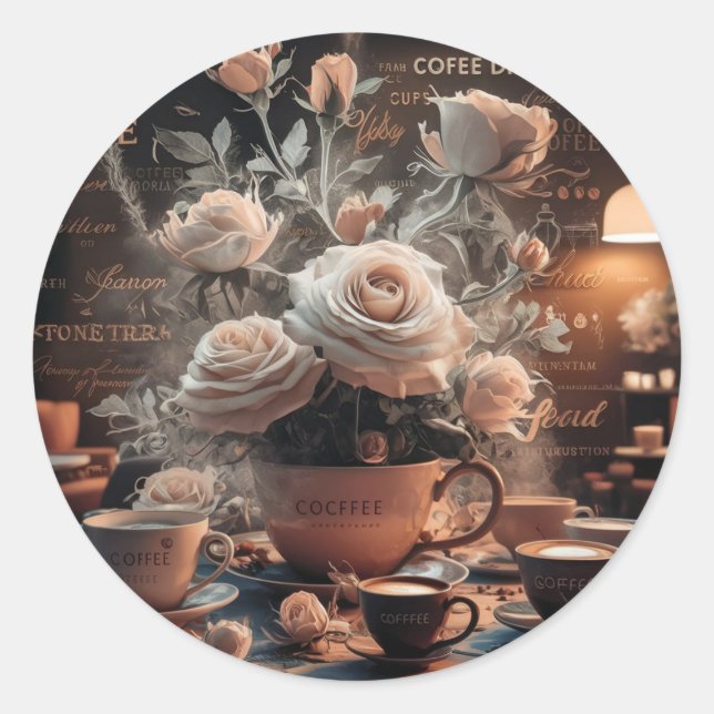 Kaffee und Blume Runder Aufkleber (Vorderseite)