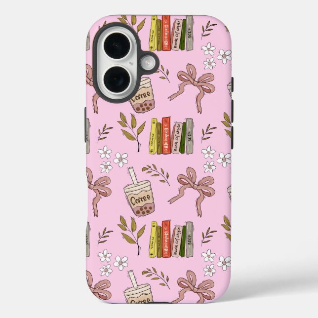 Kaffee- und Bücher-Muster iPhone-Hülle | Cozy Read iPhone 16 Hülle (Rückseite)