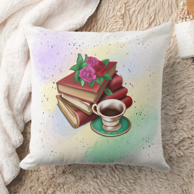 Kaffee und Bücherstapel Kissen (Decke)