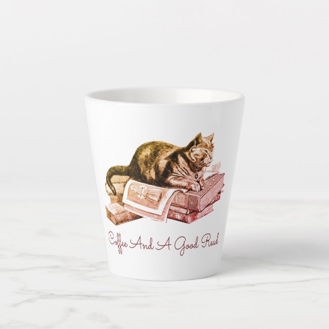 Kaffee und eine gut lesende Katze, die auf Büchers Milchtasse (Vorderseite)