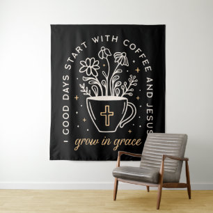 Kaffee und Jesus zitieren dunkle akademische Ästhe Wandteppich