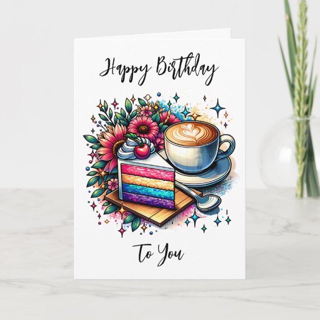 Kaffee und Regenbogenkuchen | Happy Birthday Karte (Vorderseite)