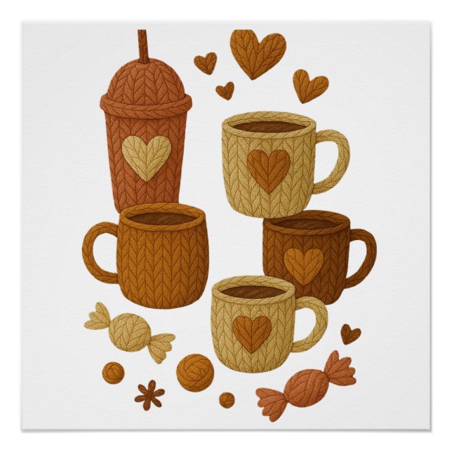 Kaffee Valentinstag Liebe Gestrickte Herzen Umarme Poster (Vorderseite)