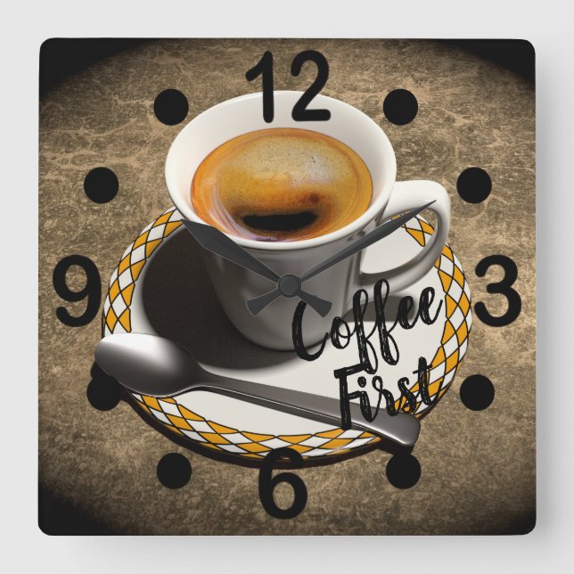 Kaffee zuerst quadratische wanduhr (Vorderseite)