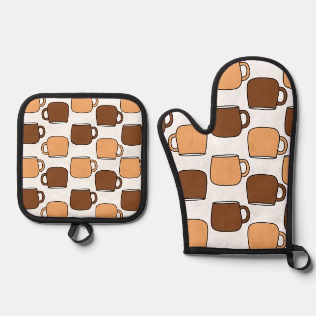 Kaffeebechermuster Ofenhandschuh & Topflappen-Set (Vorderseite)