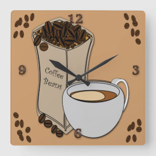 Kaffeebohne-Kaffeetasse-Entwurfs-Wanduhren Quadratische Wanduhr
