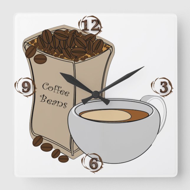 Kaffeebohne-Kaffeetasse-Quadrat-Wanduhr Quadratische Wanduhr (Vorderseite)