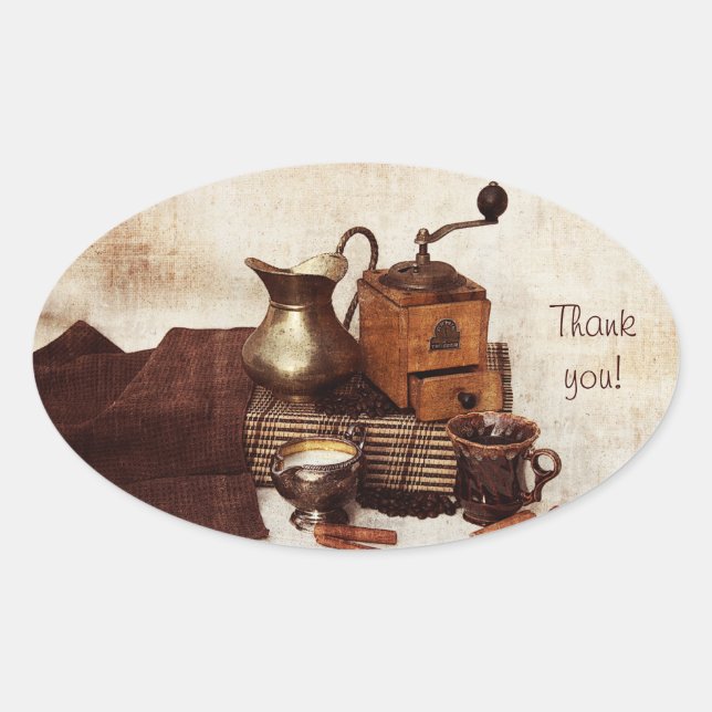 Kaffeebohnen und alte Kaffeemühle bedanken sich be Ovaler Aufkleber (Vorderseite)