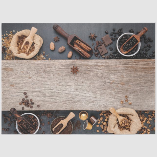 Kaffeebohnen und Holzteppichpapier Seidenpapier (Vorderseite)