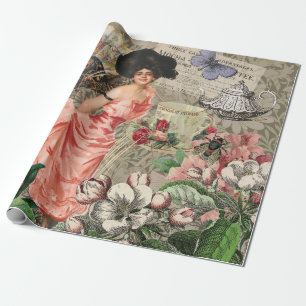 Kaffeedame viktorianische Frau Rosa reiches Gewand Geschenkpapier