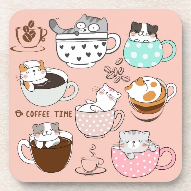 Kaffeekatzen Funny Getränkeuntersetzer (Vorderseite)