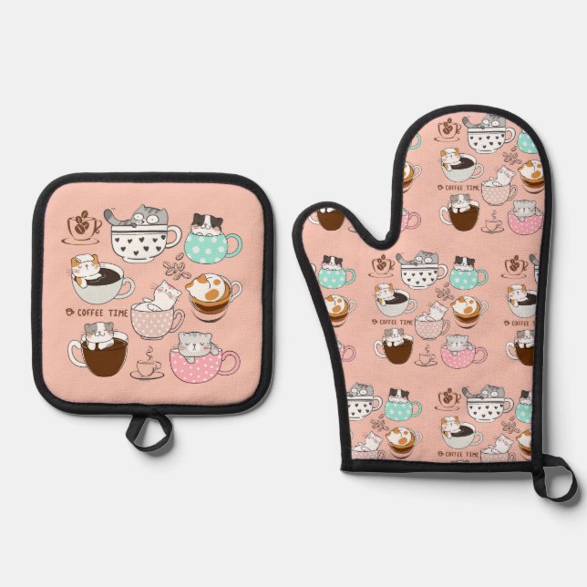 Kaffeekatzen Funny Ofenhandschuh & Topflappen-Set (Vorderseite)