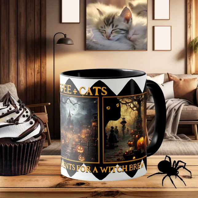 Kaffeekatzen Hexenbrauen Halloween-Foto Tasse (Mug with 3 of your photos (or scary Halloween scenes), framed by a classic black and white design)