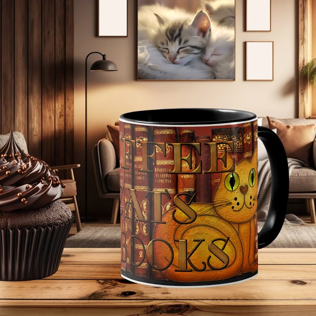Kaffeekatzen und Bücher Künstlerische Katze Lover  Kaffeetasse (Mug featuring a painting of a cute cat on a background with vintage books. Coffee, cats and books)