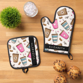 Kaffeekuchen, Kaffeebohnen, Herz, Ihr Name Ofenhandschuh & Topflappen-Set
