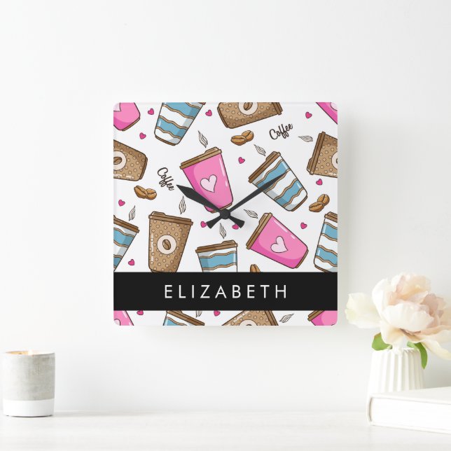 Kaffeekuchen, Kaffeebohnen, Herz, Ihr Name Quadratische Wanduhr (Zuhause)