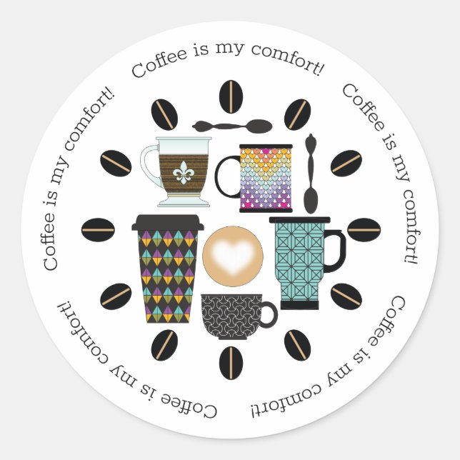 Kaffeeliebhaber, Mugs, Cups & Beans Muster Runder Aufkleber (Vorderseite)
