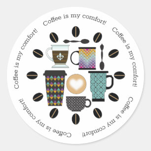 Kaffeeliebhaber, Mugs, Cups & Beans Muster Runder Aufkleber